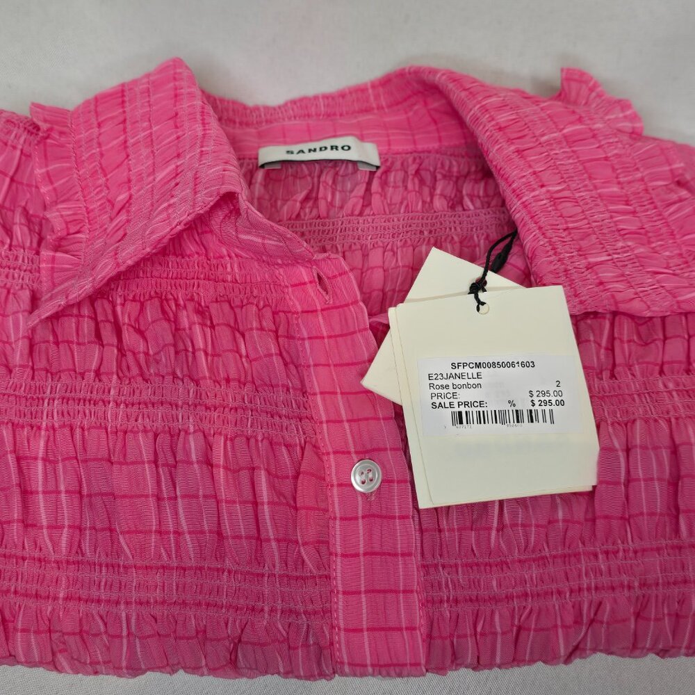 Sandro Janelle Stripe Smocked Cropped Blouse in Rose Bonbon, FR 2/ M, NWT - Picture 4 of 9